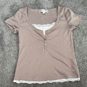Pink Republic Taupe Lace Trim Tee